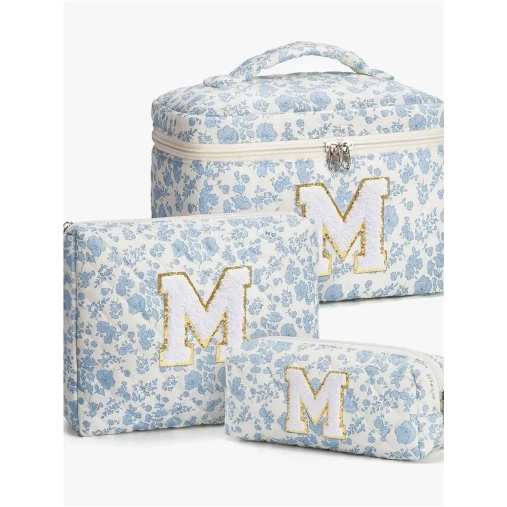 NEW Monogram Floral Blue Cosmetic Bag Set - M Initial